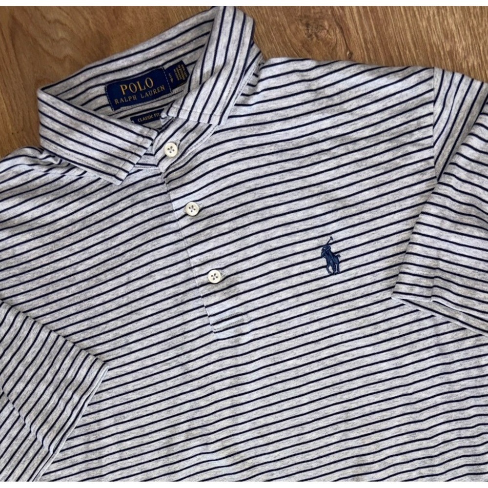 Polo‎ Ralph Lauren Polo Shirt Gray Navy Striped Small Pony Classic Fit
